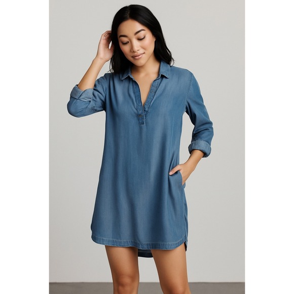 Cloth & Stone Denim Tunic Dress Button Down Collar Roll Tab Sleeve - Picture 1 of 8